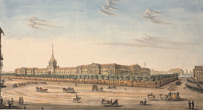 Адмиралтейский бульвар в Санкт-Петербурге, где в 1813 году зажглись первые газовые фонари. Рисунок и гравюра И. Иванова. 1814 г.